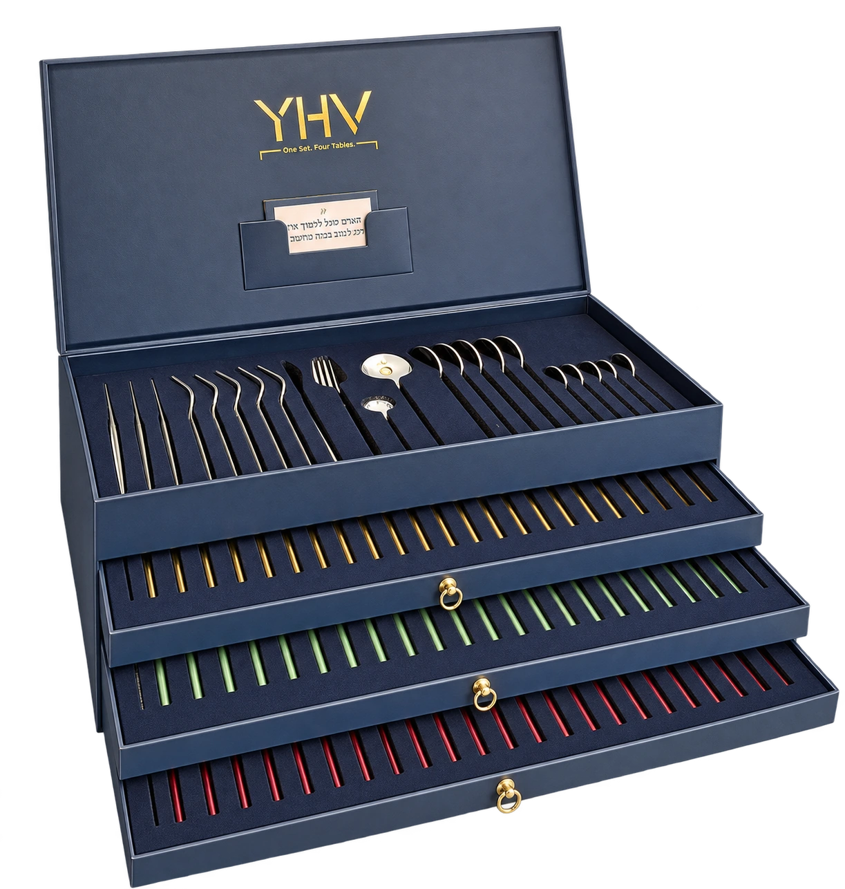 המארז המקורי של YHV פתוח, עם ראשי סכו״ם ושלוש מגירות ידיות מתחלפות